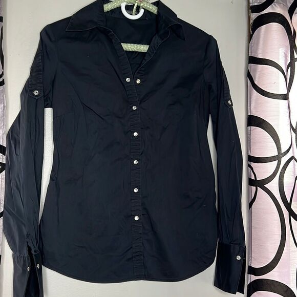 Tahari pearl snap front long sleeve blouse with roll tab sleeves - Picture 2 of 7